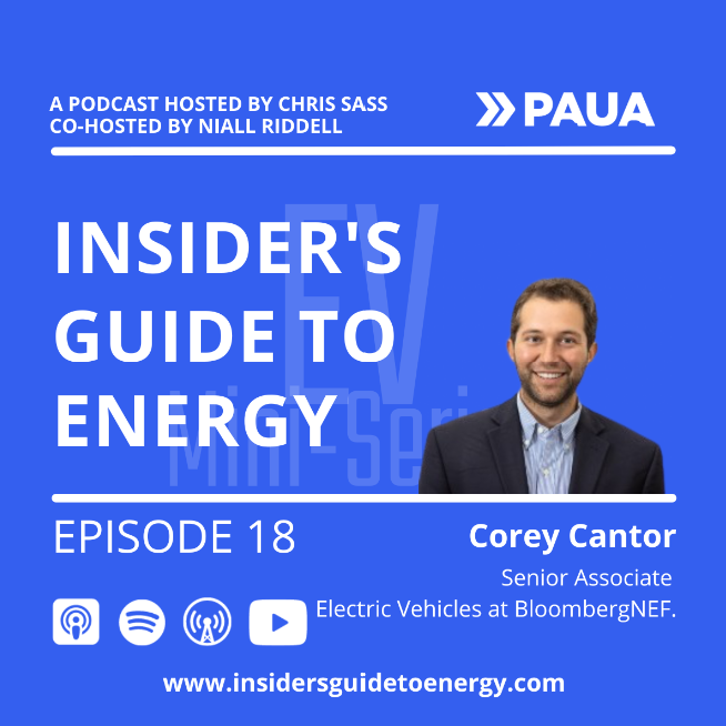 Chris Sass and Niall Riddell from Paua, talk to Corey Cantor, a Senior Associate for Electric Vehicles at BloombergNEF. They discuss ‘energising the EV market shifting gears in the US’.