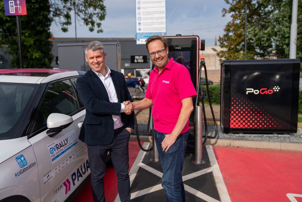 Niall Riddell, Paua and Stuart Douglas, PoGo Charge on the launch of the EV charging partnership